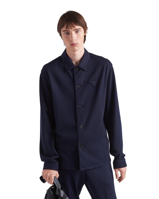 Prada Blue Triangle-Logo Wool-Blend Shirt for men