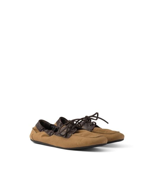 Prada White Shuffle Aged Canvas And Leather Boat Shoes, Size 5,5 for men