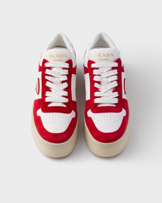 Prada Red Downtown Bold Nappa Leather And Suede Sneakers
