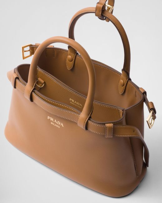 Prada Brown Buckle Small Leather Handbag With Double Belt