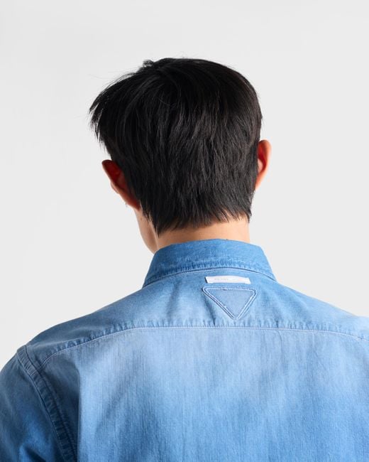 Prada Blue Short-Sleeved Light Denim Shirt for men