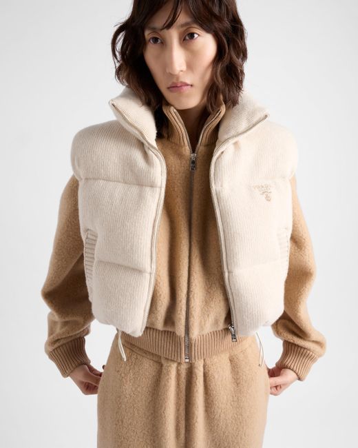 Prada Natural Embroidered Logo Wool-Cashmere Down Vest