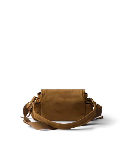 Prada Brown Explore Medium Suede Shoulder Bag With Flap