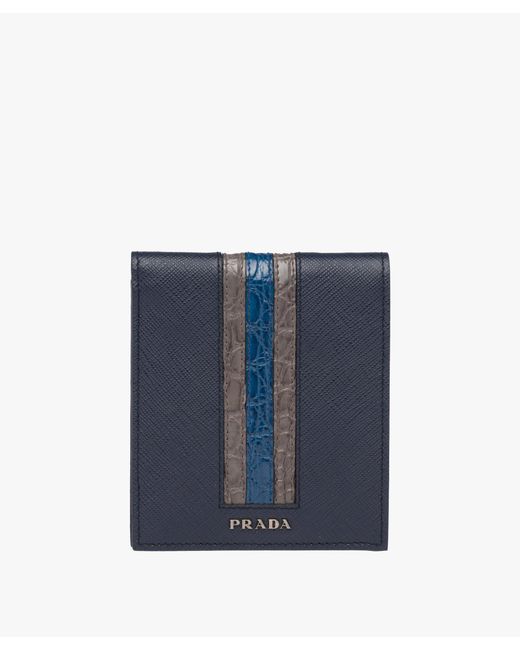 Prada Blue Saffiano And Crocodile Leather Wallet for men