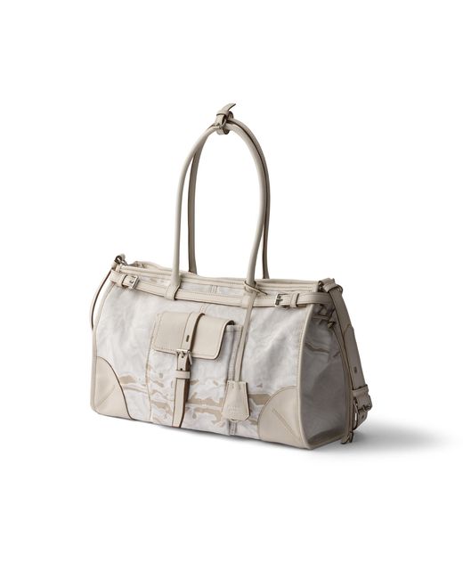 Prada Gray Bonnie Large Printed Linen And Leather Handbag