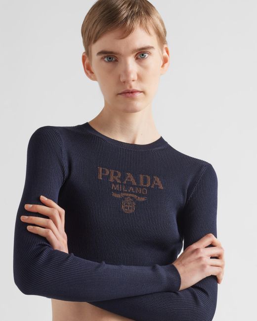 Prada Black Cropped Silk Sweater With Logo