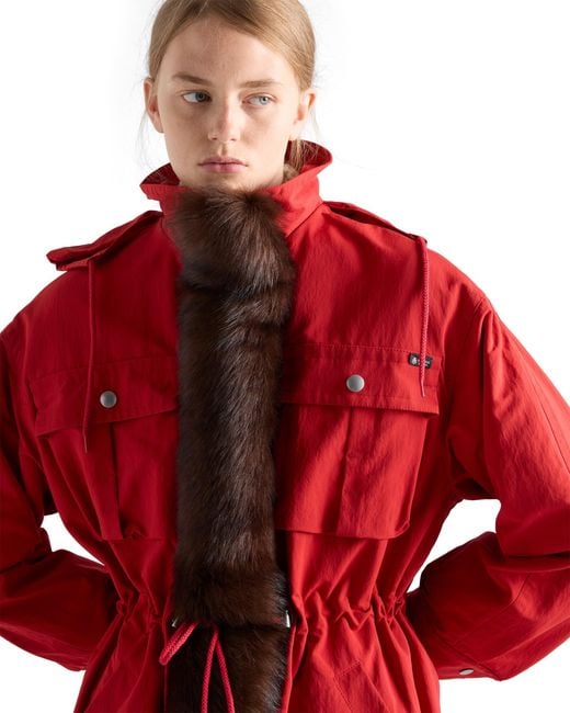 Prada Red Technical Fabric Parka With Shearling Trim