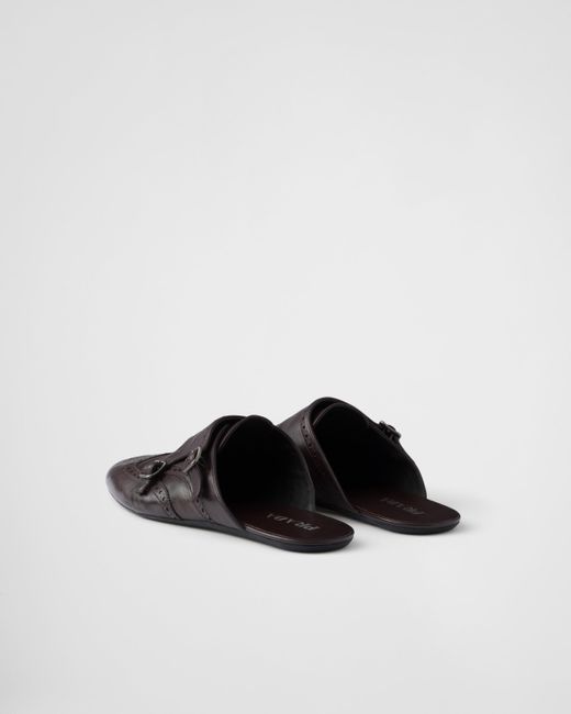 サンダル Prada Shuffle antiqued leather double monk strap mules Chalk White Shuffle Antiqued Leather Double Monk Strap Mules