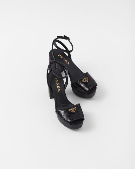 Prada Black Sequined Satin Platform Sandals