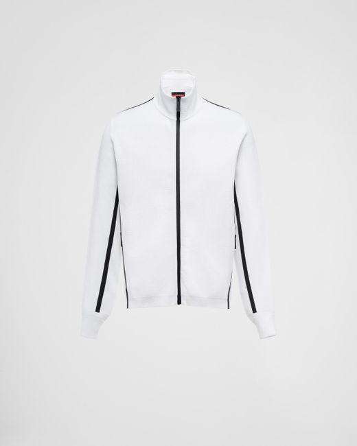 Prada White Techno Knit Turtleneck Zip-Up Sweatshirt for men