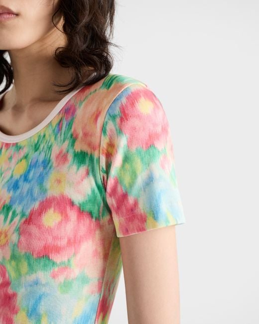 Prada White Geripptes T-Shirt Mit Blumen-Print