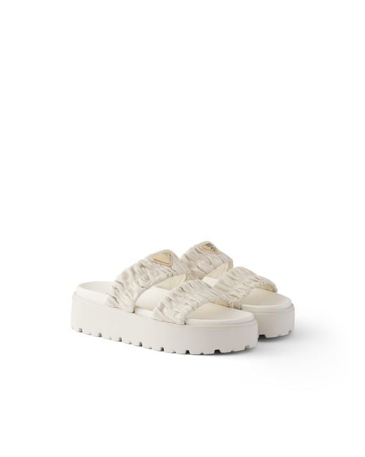 Prada White Matelassé Nappa Leather Flatform Slides, Size 36