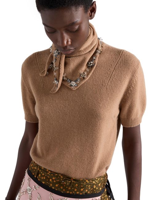 Prada Brown Short-Sleeved Cashmere Sweater With Scarf, Camel