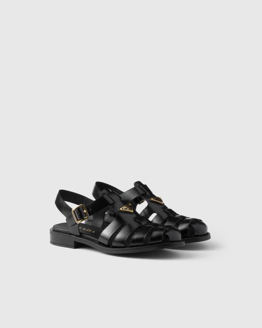 Prada Black Brushed Leather Fisherman Sandals