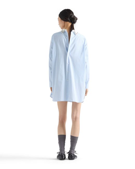 Prada Blue Embroidered Striped Poplin Top