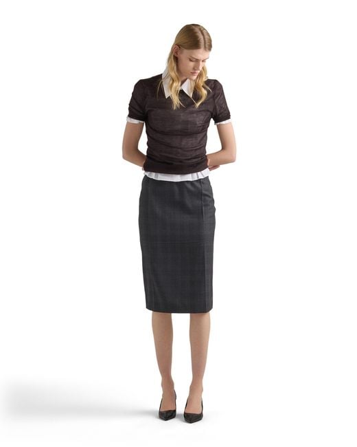 Prada Black Checked Wool Midi-Skirt