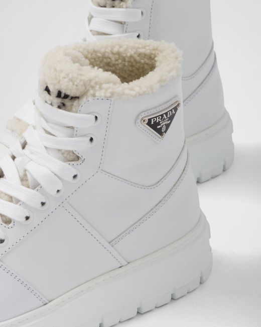 Prada White Leather And Shearling High-top Sneakers