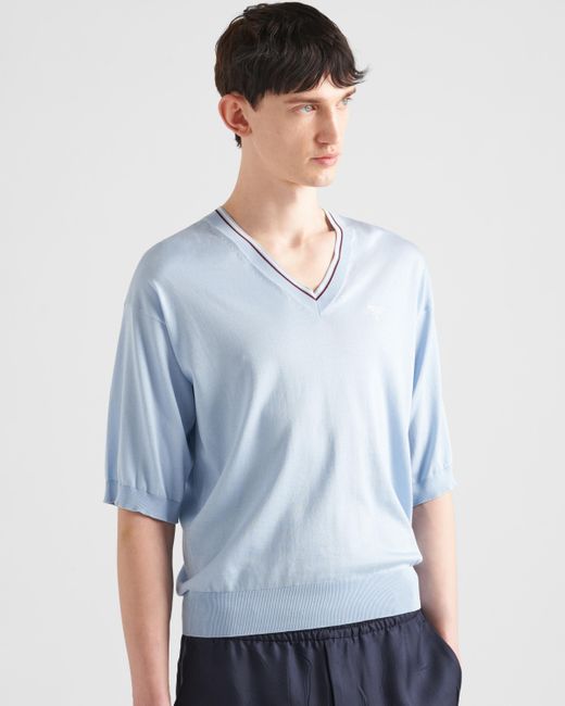 Prada Blue Silk And Cotton V-Neck Sweater for men