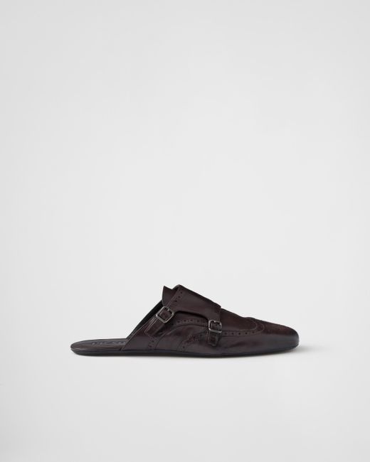 Prada Shuffle Antiqued Leather Double Monk Strap Mules in