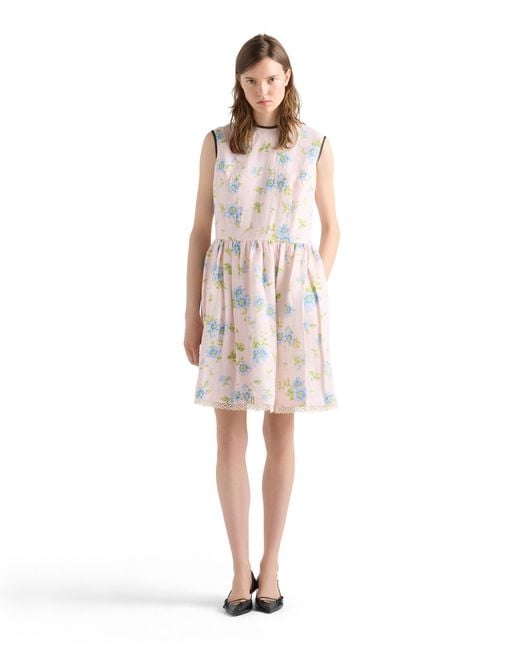Prada Pink Pleated Floral Print Linen Dress, Alabaster