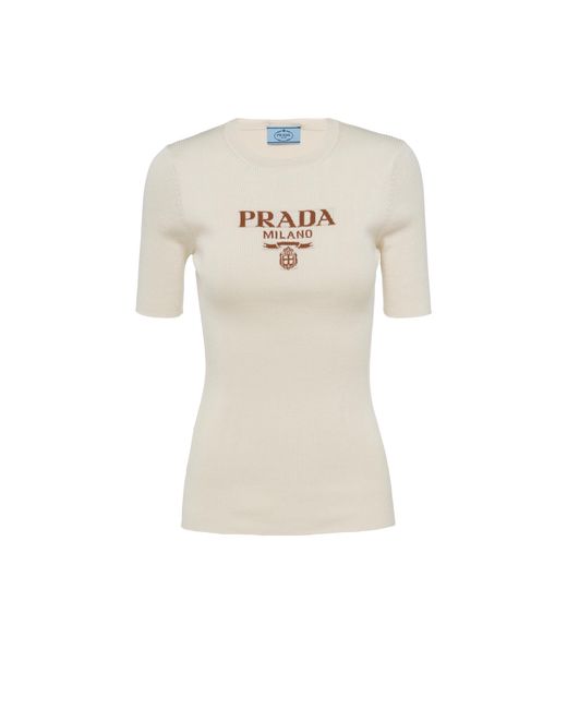 Prada White Silk Crew-Neck Sweater With Logo