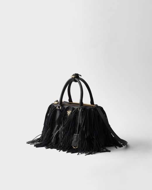 Prada Black Kleine Galleria Tasche Aus Leder Mit Fransen