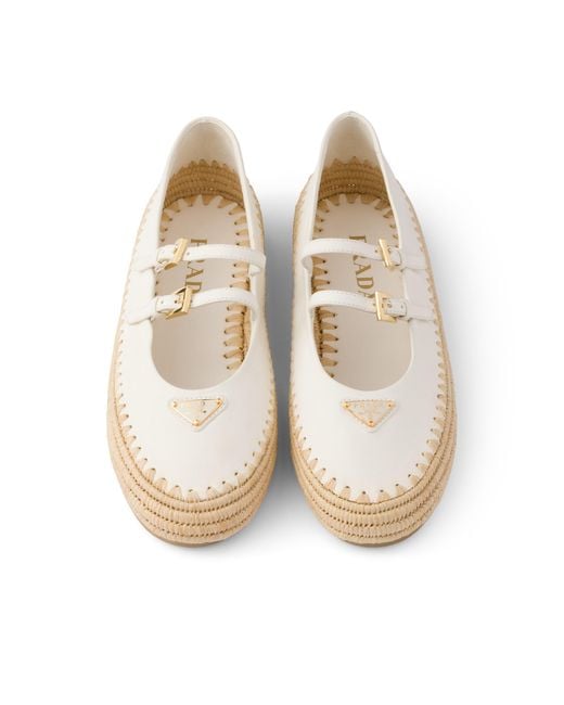 Prada White Logo Leather & Raffia Ballet Flat