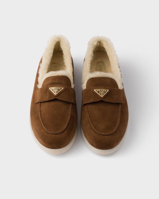 Prada Brown Shearling-Loafer Mit Logo