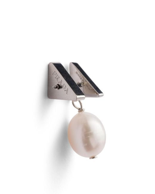 Prada White Metal Earrings With Pearls