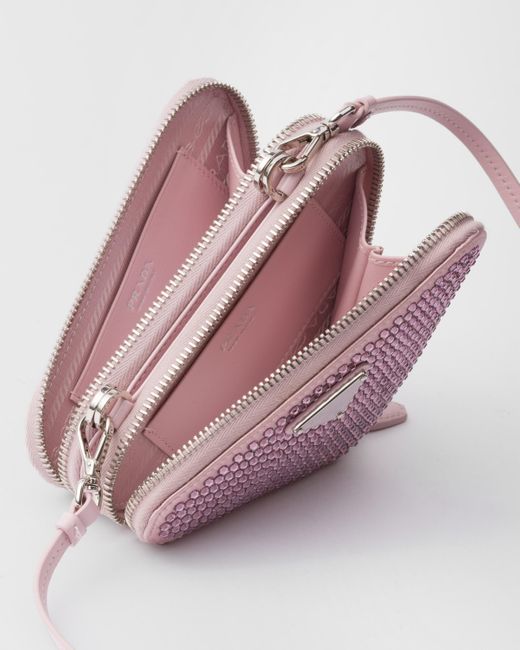 Prada Pink Triangular Embellished Satin And Leather Mini-Pouch