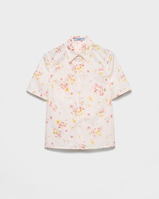 Prada Natural Short-Sleeved Floral Print Poplin Shirt