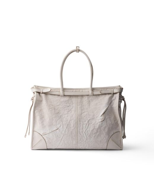 Prada White Bonnie Printed Linen And Leather Tote Bag for men