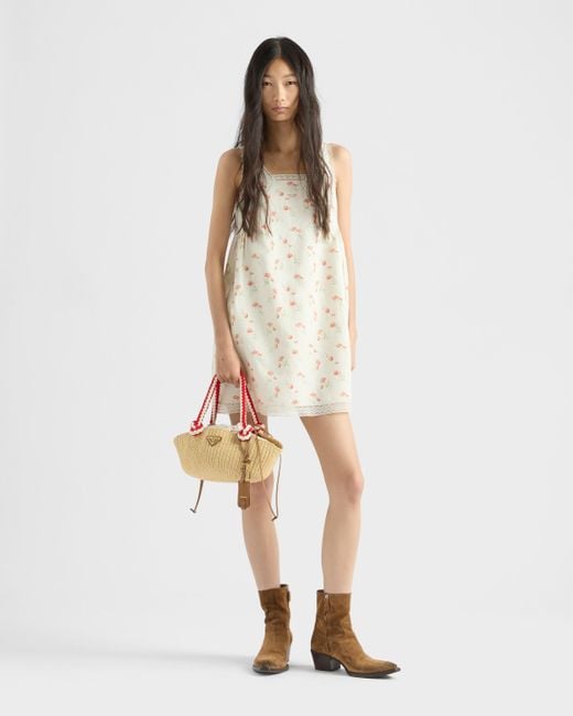 Prada White Minikleid Aus Leinen Mit Blumen-Print