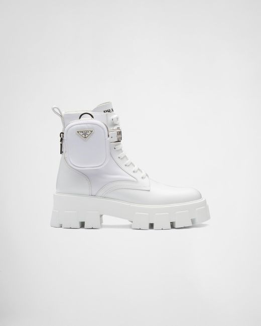 Prada Monolith Leather And Re-nylon Boots With Pouch in White | Lyst