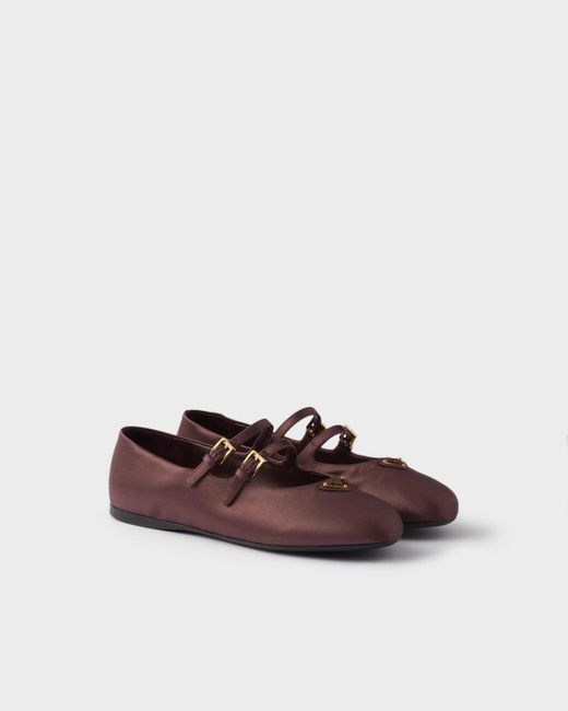Prada Double-Strap Satin Mary Jane Flats in Brown | Lyst UK