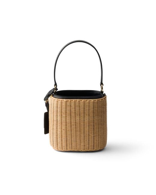 Prada White Wicker And Leather Bucket Bag