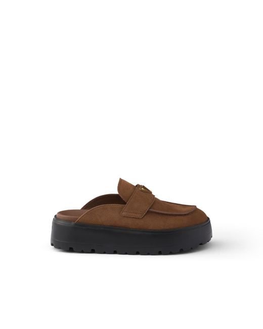 Prada Brown Nubuck Flatform Mules