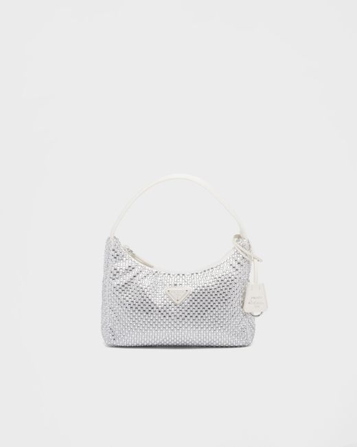 Mini Sac Re-Edition En Satin À Cristaux Prada en coloris White