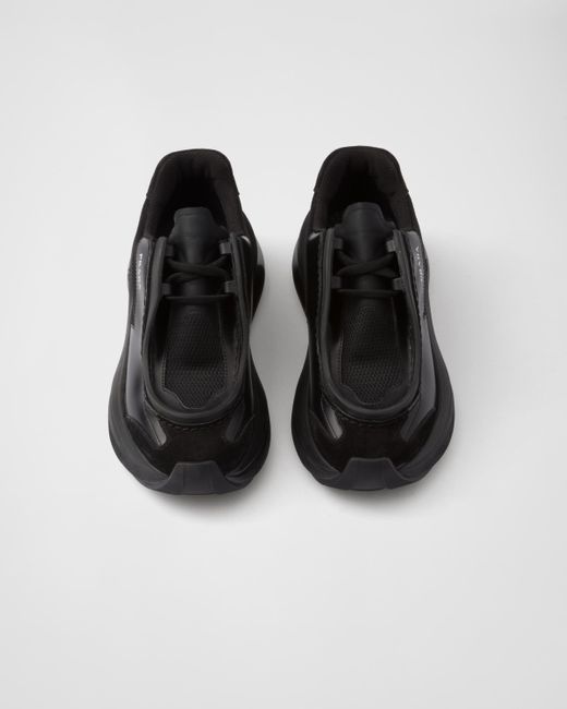 Prada Black Brushed Leather, Bike Fabric, And Suede Sneakers