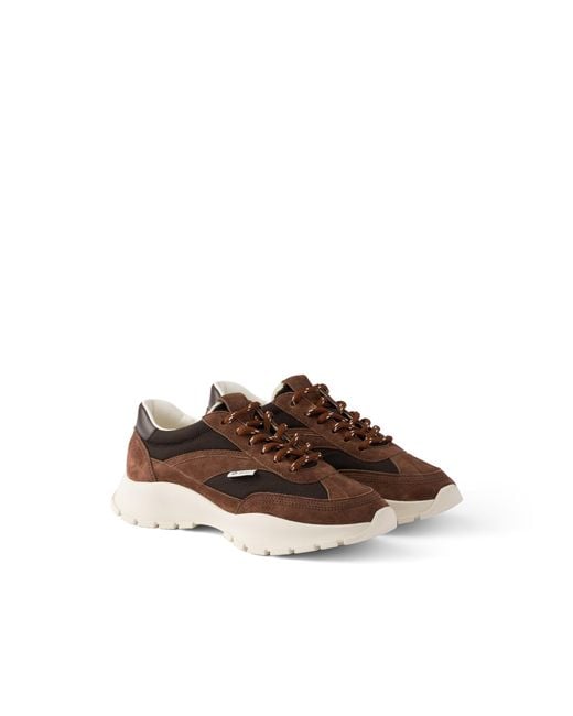 Prada Brown Mesh Fabric And Suede Sneakers, Cocoa