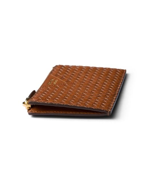 Prada Brown Woven Madras Leather Card Holder
