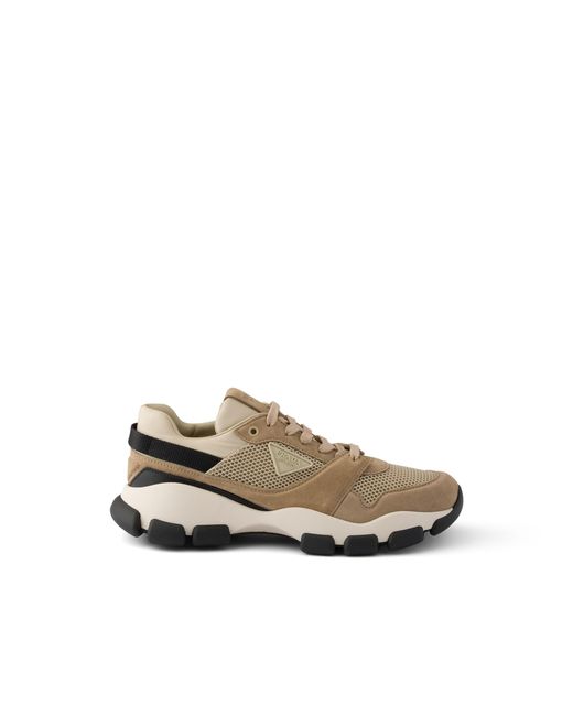 Prada Metallic Mesh Fabric And Suede Sneakers