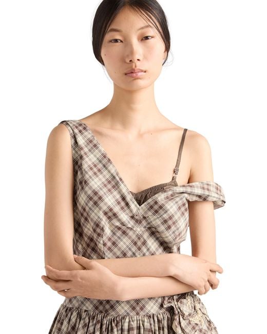Prada Natural Embroidered Checked Poplin Dress, Ivory/Cocoa