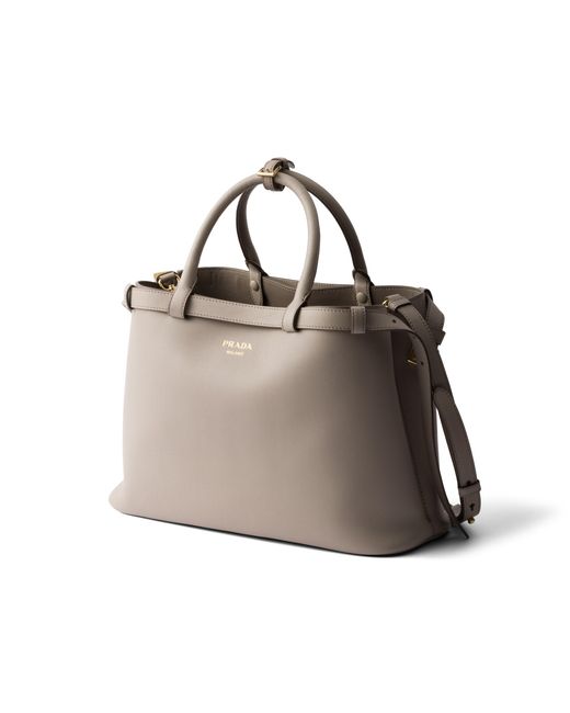 Prada Gray Buckle Medium Leather Handbag With Double Belt
