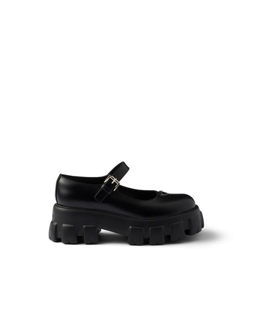 Prada Black Brushed Leather Monolith Mary Janes