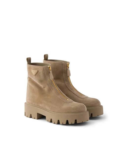 Prada Natural Suede Booties With Zip