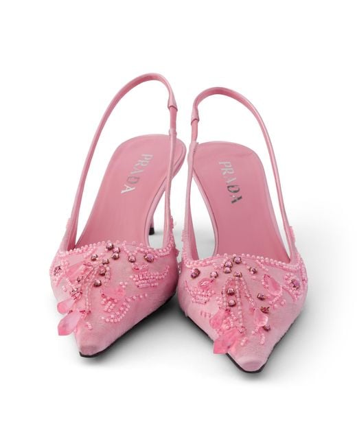 Prada Pink Embroidered Satin Slingback Pumps