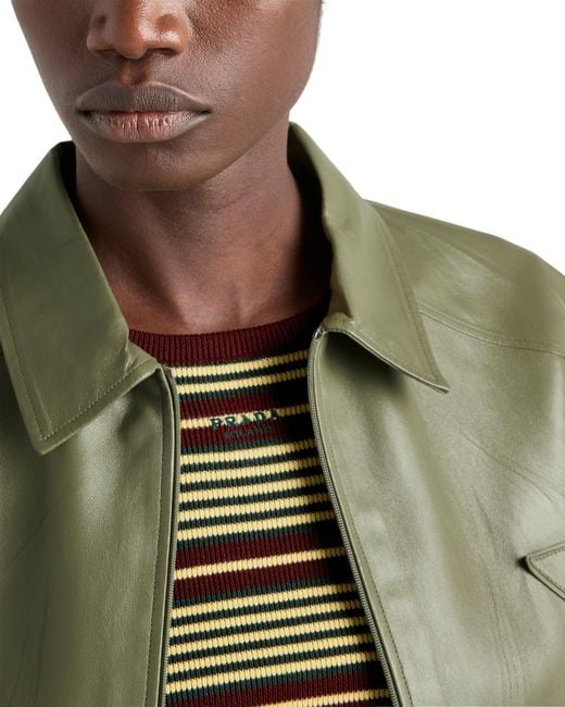 Prada Multicolor Short-Sleeved Striped Cotton Sweater, Amaranth/Cream