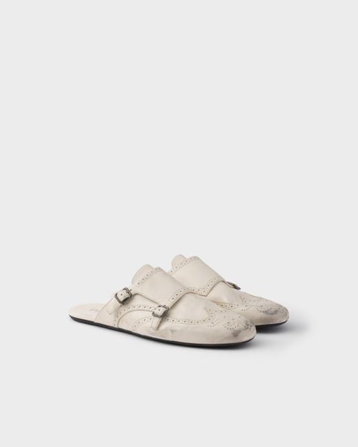 Prada White Shuffle Antiqued Leather Double Monk Strap Mules for men
