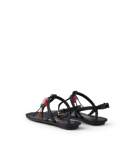 Prada White Antiqued Leather Thong Sandals With Floral Ornament